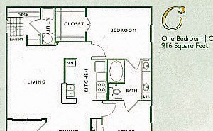 2 Bed 1 Bath, 916 square feet floor plan 2 Bed 1 Bath C